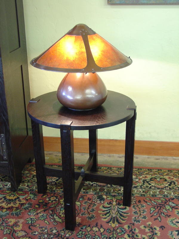 Voorhees Craftsman Mission Oak Furniture Gustav Stickley Early Shown With Aurora Studios Hand Hammered Copper And Mica Gourd Lamp