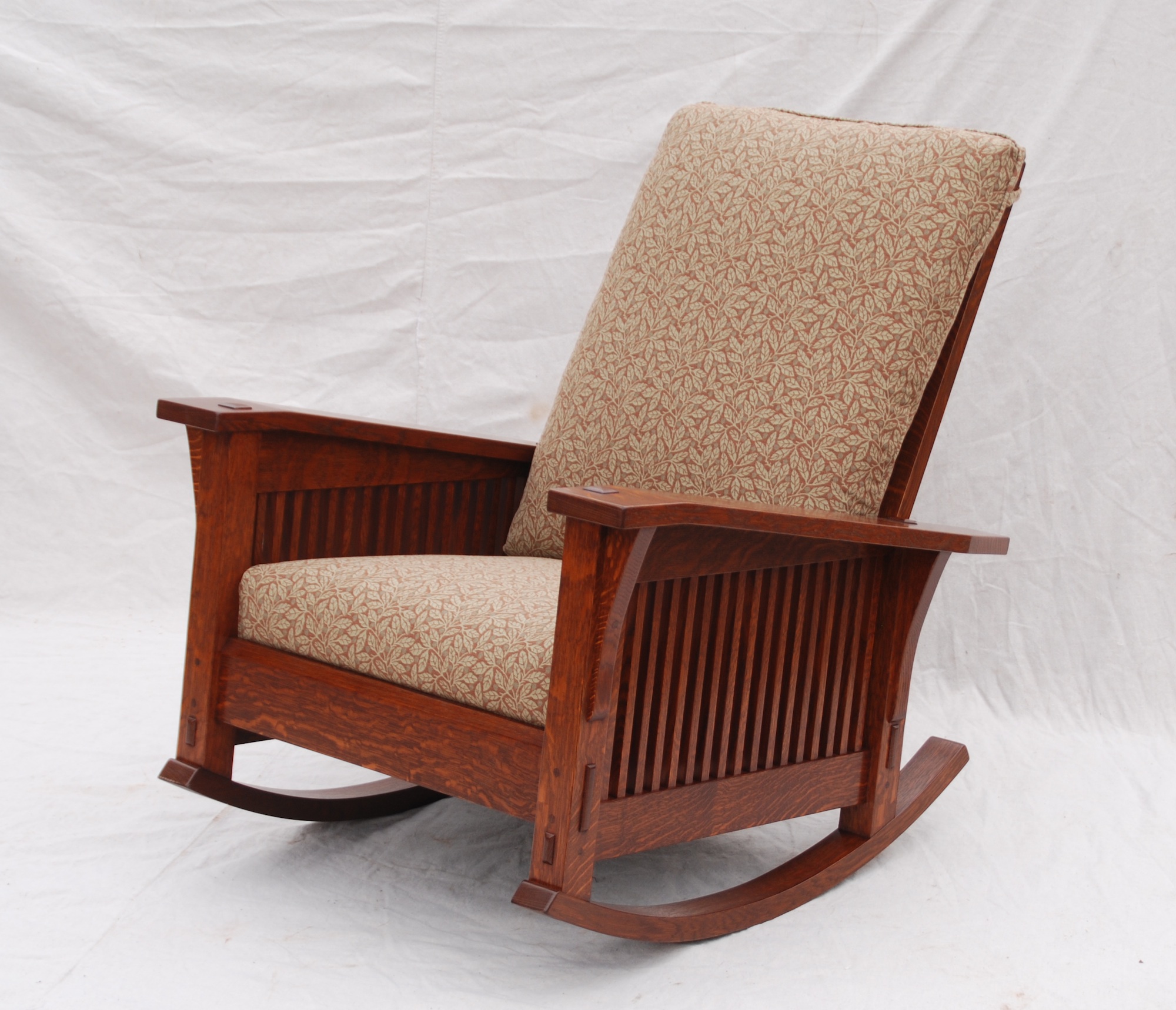 Voorhees Craftsman Mission Oak Furniture Gustav Stickley Inspired Gustav Stickley Inspired Medium Size Custom Slant Arm Spindle Reclining Morris Rocker In Fabric