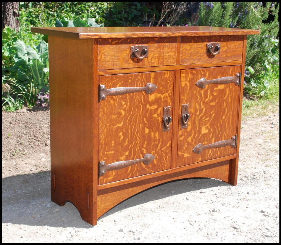 Voorhees Craftsman Mission Oak Furniture - Gustav Stickley inspired custom  two door cabinet with two drawers and hammered copper strap hinges.