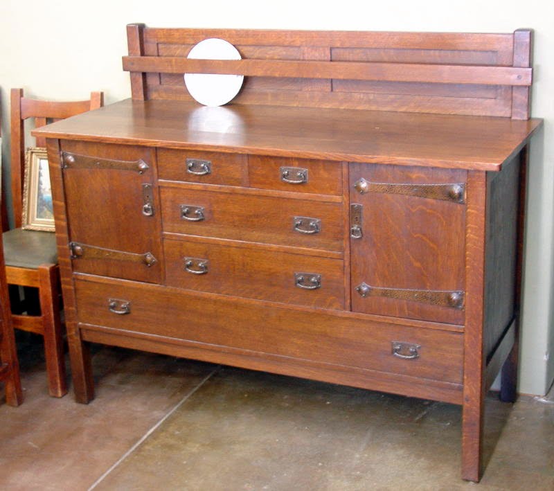 Voorhees Craftsman Mission Oak Furniture - Vintage L. & J.G. Vintage L. & J.G. Stickley Buffet Sideboard with Plate Rail and Strap Hinges. - Voorhees Craftsman Mission Oak Furniture - Vintage L. & J.G.