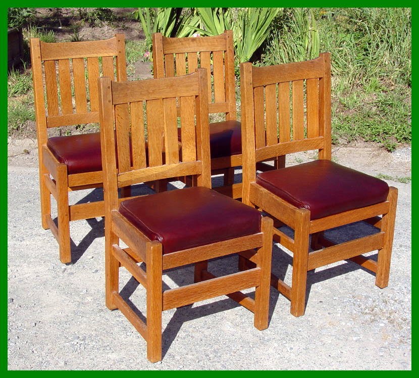 Voorhees Craftsman Mission Oak Furniture Set Of Four Original L J G Stickley Oak Dining Chairs With Spring Cushions
