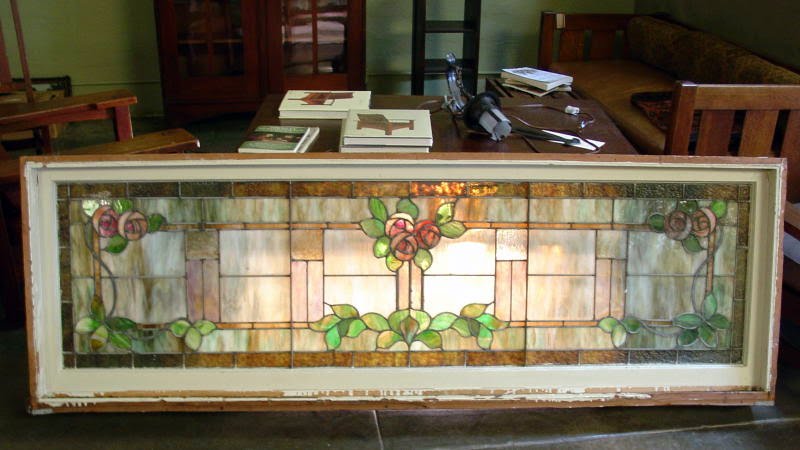 Voorhees Craftsman Mission Oak Furniture Large Vintage Arts And Crafts Stained Glass Window